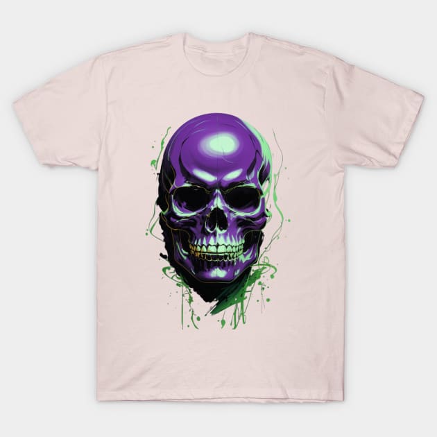 Chic Urban Interpretation: Green and Violet Skull Aesthetic Artwork for Halloween T-Shirt by Tanguarts